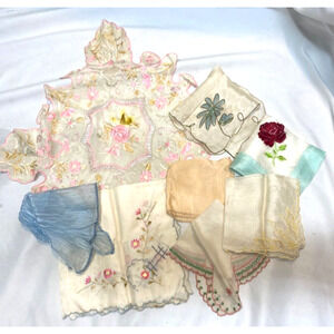 Lot of 8 Antique Silk Handkerchiefs Ornate